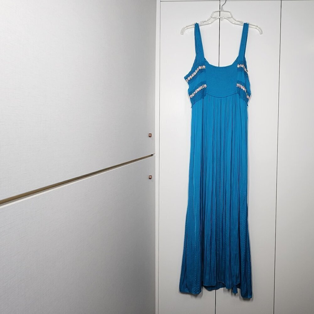 Betsey Johnson Pleated Silky Satin Floral Trim Dress Women's Size 14 Blue - Picture 3 of 9